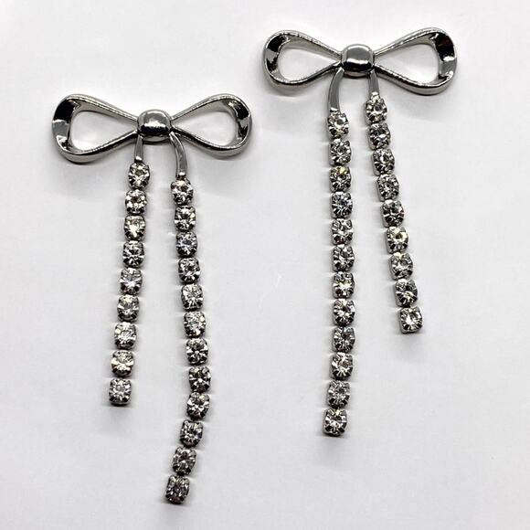 NEW Silver Bow Rhinestone Earrings - Picture 1 of 9